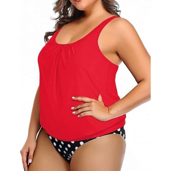 Yonique 2-Piece Swimsuit Blouson Tankini Tummy Control Polka Dot Bottom 24W - Picture 5 of 12